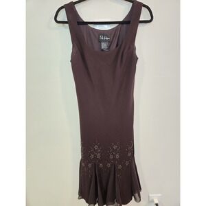 Y2K SL Fashions Brown Beaded Hem Dress Size 10 Midi Forest Fairy Grunge